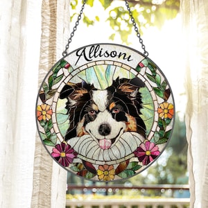 Custom Dog Portrait Stained Glass Suncatcher | Personalized Pet Memorial Window Hanging | Floral Round Acrylic Gift for Dog Lovers