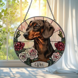 Custom Pet Portrait Stained Glass Suncatcher | Dachshund Dog Floral Window Hanging Panel | Personalized Gift for Pet Lovers